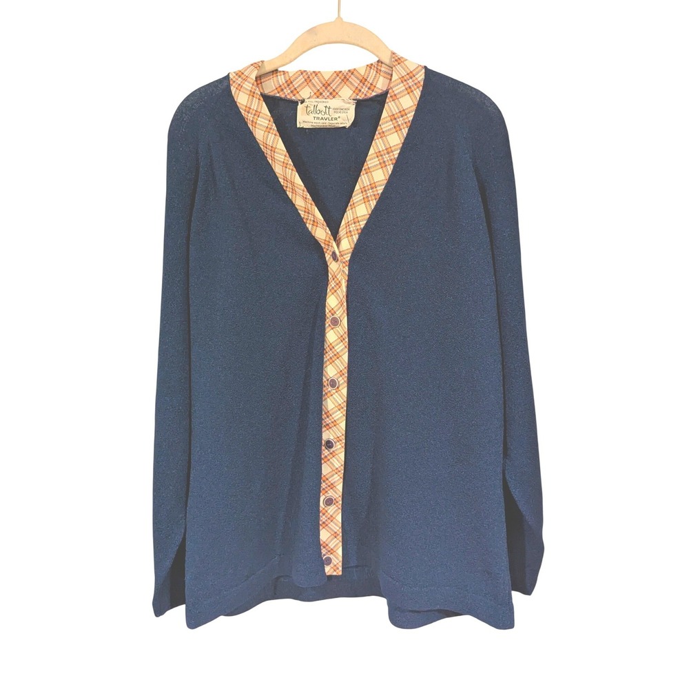 Vintage Talbotts Traveler Navy Blue Cardigan Sweater‎ Plaid Trim Buttons Size M